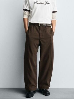 ZARA Men's 29 Waist Washed Brown Ballon Fit Cotton  Relaxed Fit Chinos Pants NWT